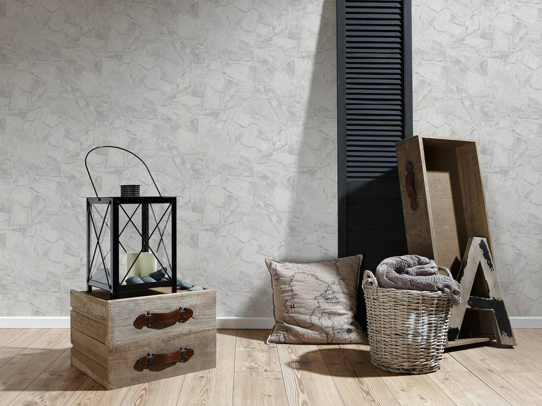 Stone Deco Abstract Wallpaper in Grey/White