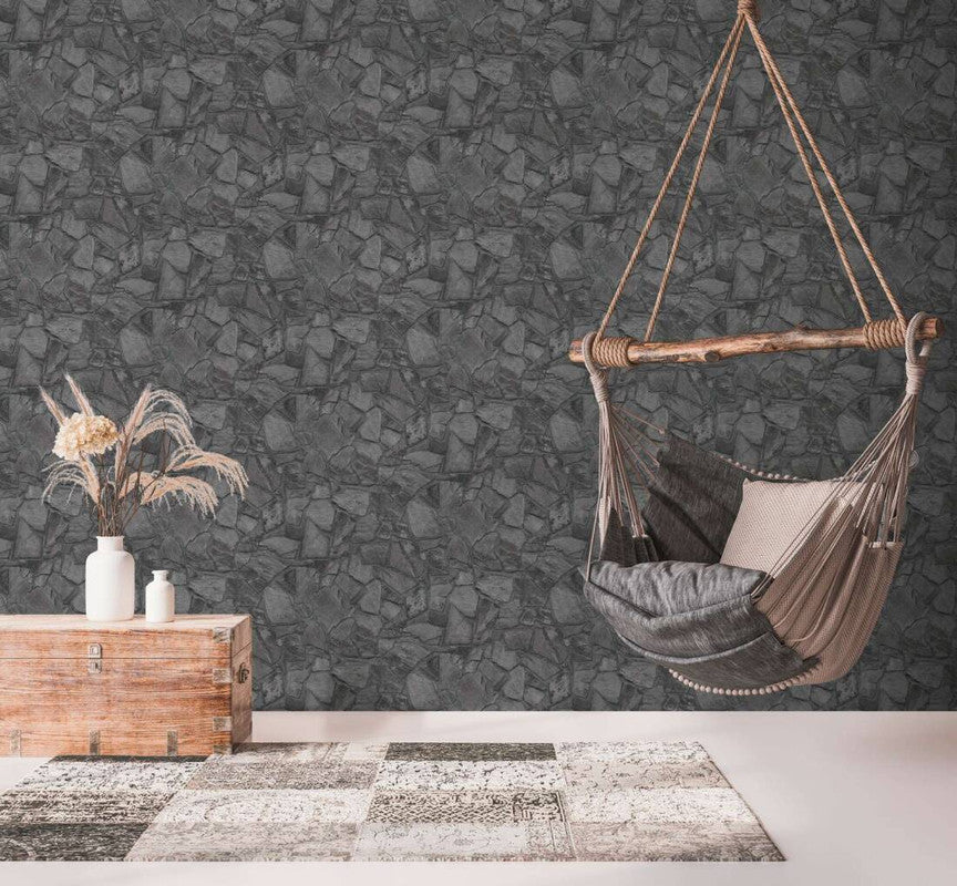 Stone Deco Abstract Wallpaper in Black/Grey