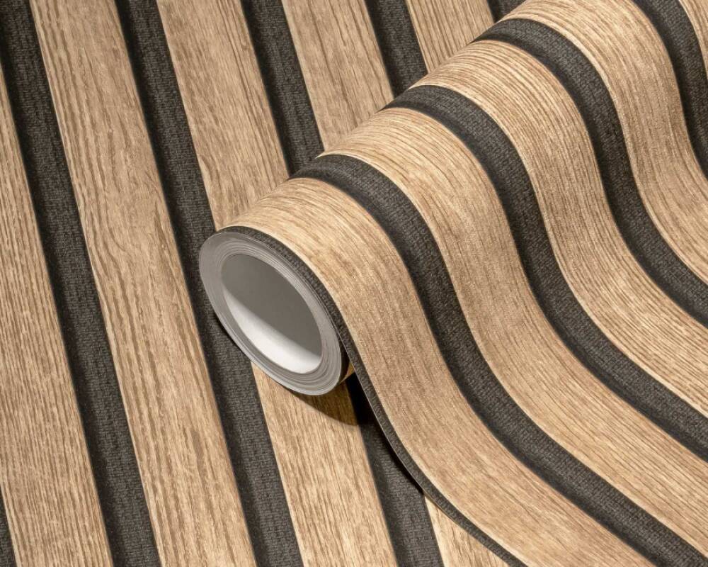 Wood Stripes Wallpaper in Light Brown/Black