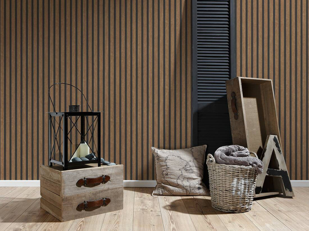 Wood Stripes Wallpaper in Brown/Black
