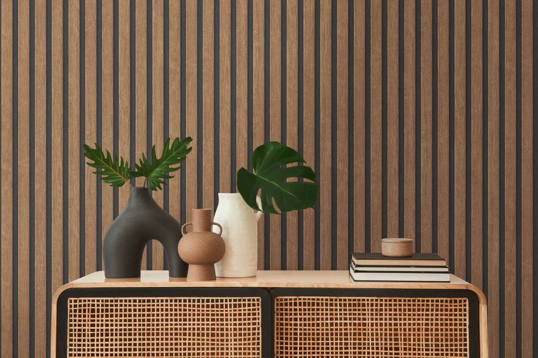 Wood Stripes Wallpaper in Brown/Black