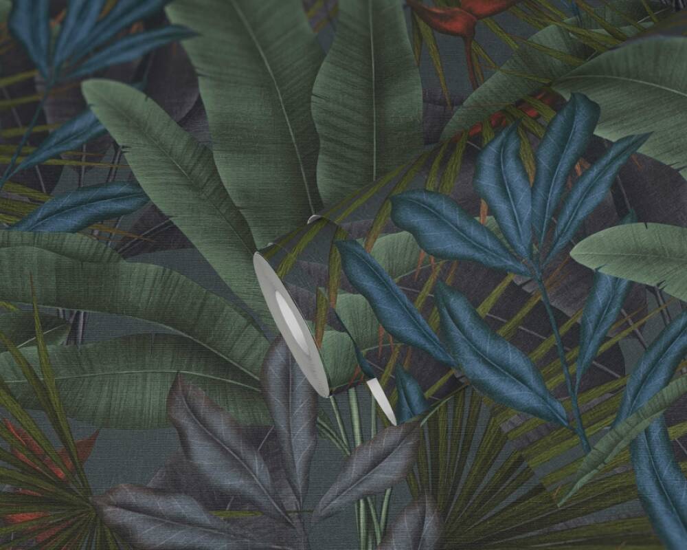 Jungle Leaf Large Floral Wallpaper in Green/Grey/Red