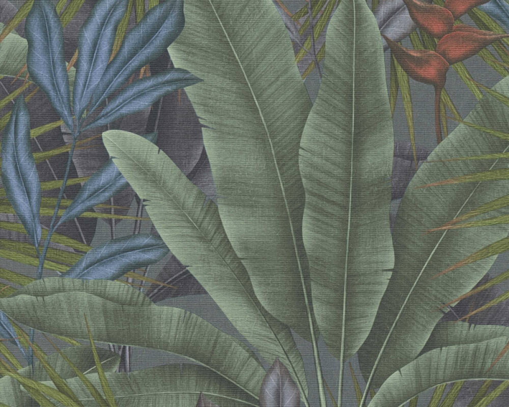 Jungle Leaf Large Floral Wallpaper in Green/Grey/Red