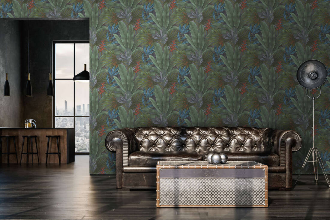 Jungle Leaf Large Floral Wallpaper in Green/Grey/Red