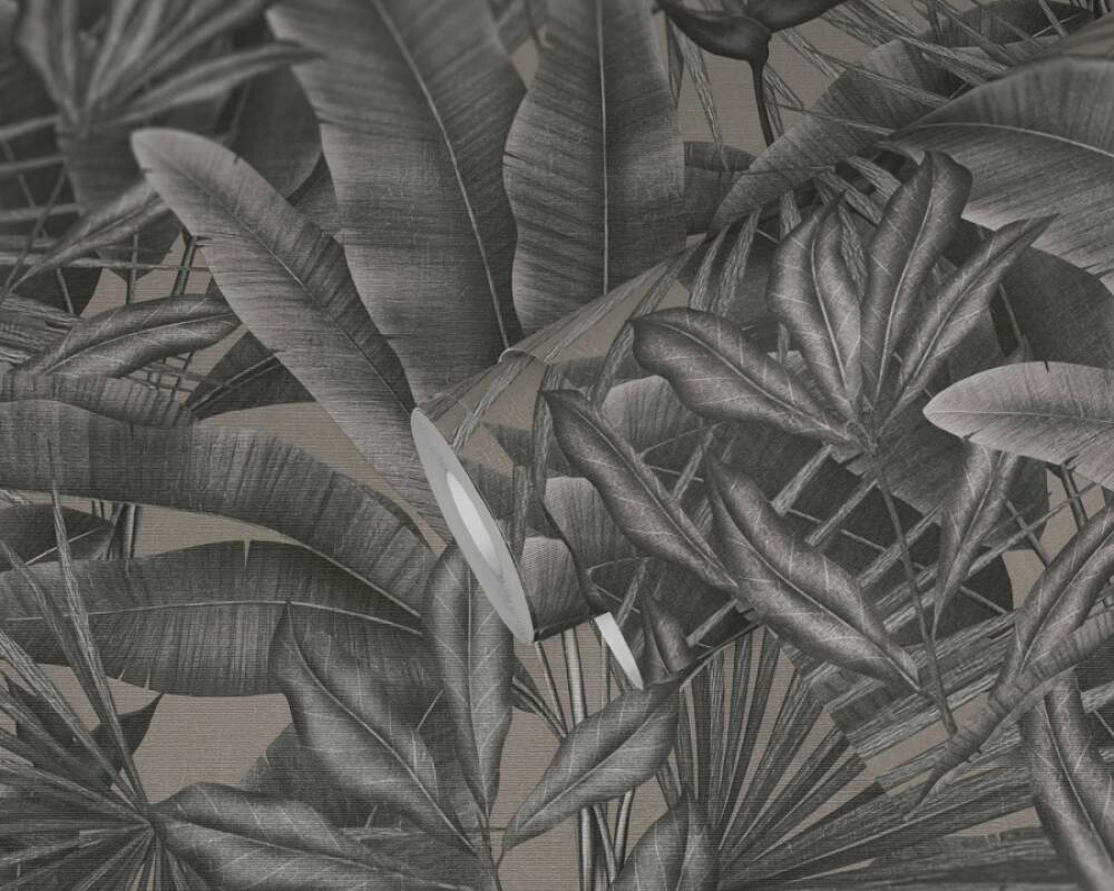Jungle Leaf Large Floral Wallpaper in Grey/Beige/Black