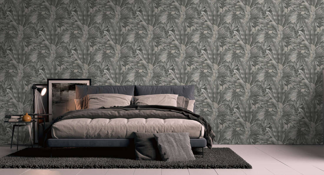 Jungle Leaf Large Floral Wallpaper in Grey/Beige/Black
