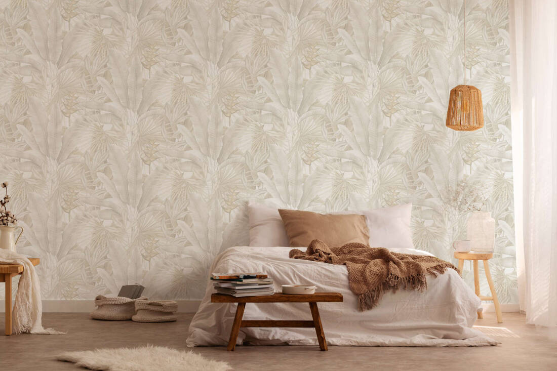 Jungle Leaf Large Floral Wallpaper in Beige/Cream/Grey