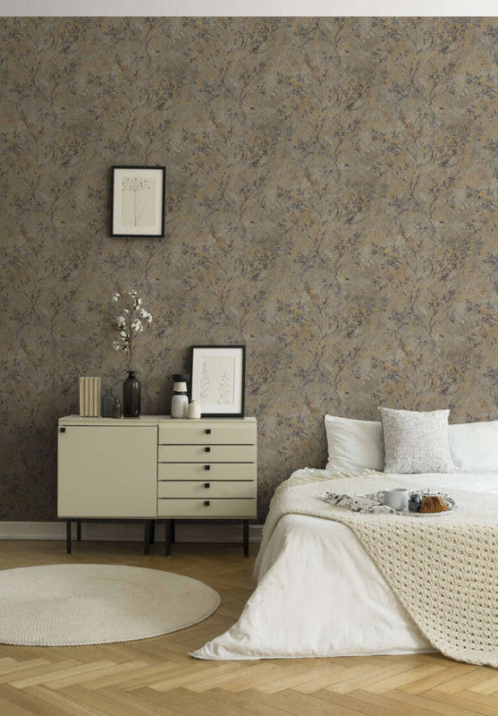Floral Watercolor Faux-Fabric Wallpaper in Brown/Grey/Gold