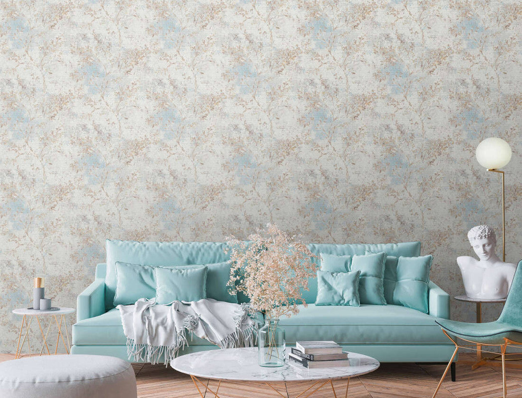 Floral Watercolor Faux-Fabric Wallpaper in Blue/Beige/Gold