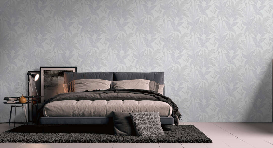 Large Leaf Floral Light Texture Wallpaper in Grey/Beige/Gold