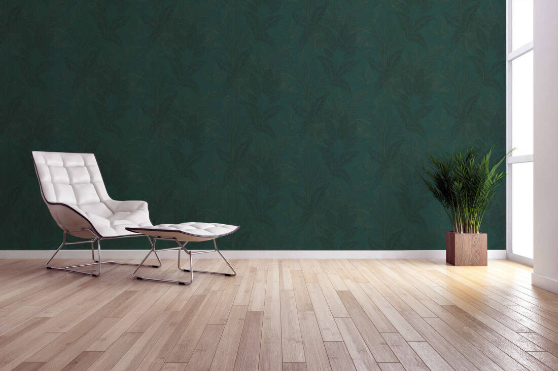 Large Leaf Floral Light Texture Wallpaper in Dark Green