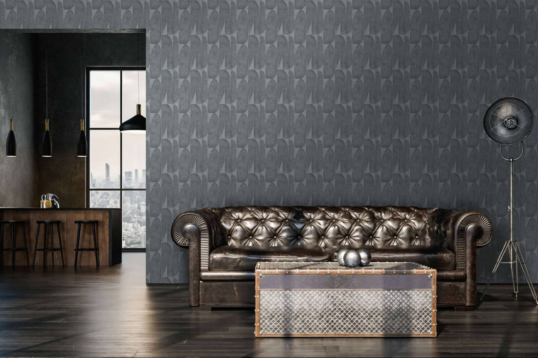 Geometric Leaf Wallpaper in Black/Grey