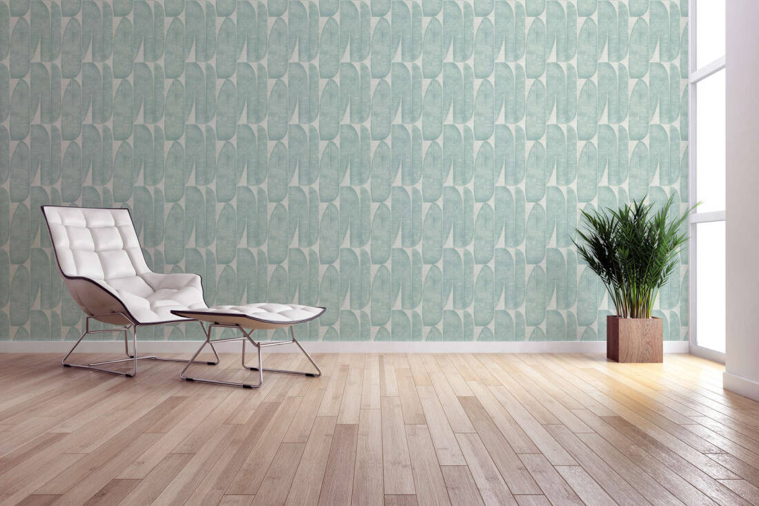 Geometric Leaf Wallpaper in Blue/Cream/Green