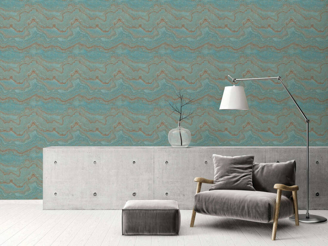 Marbled & Metallic Accents Wallpaper in Blue/Green/Gold
