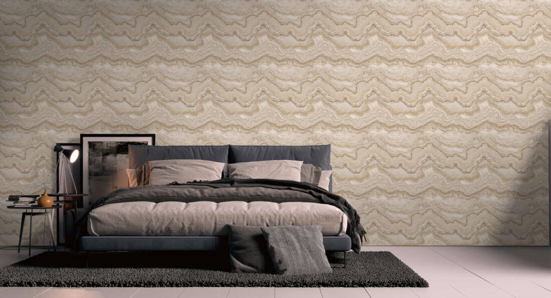 Marbled & Metallic Accents Wallpaper in Beige/Cream/Gold