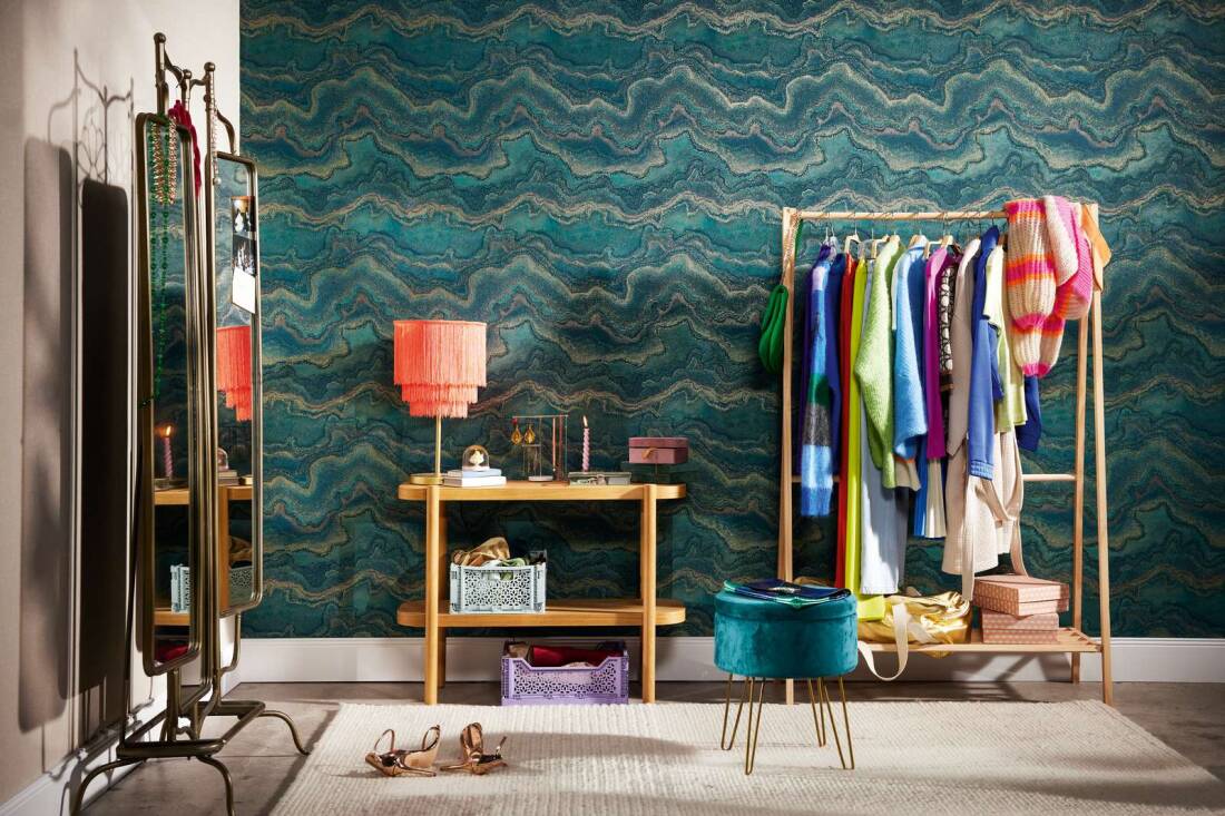 Marbled & Metallic Accents Wallpaper in Green/Copper/Gold