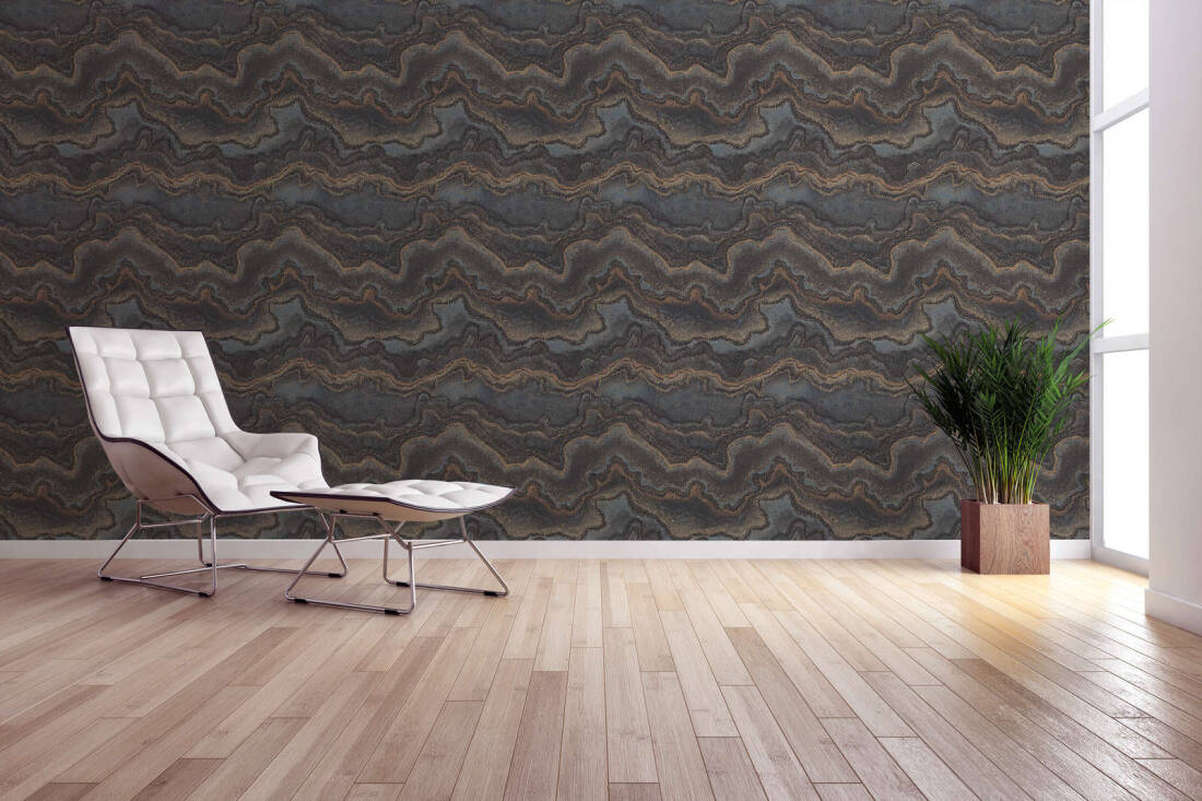 Marbled & Metallic Accents Wallpaper in Black/Copper/Gold