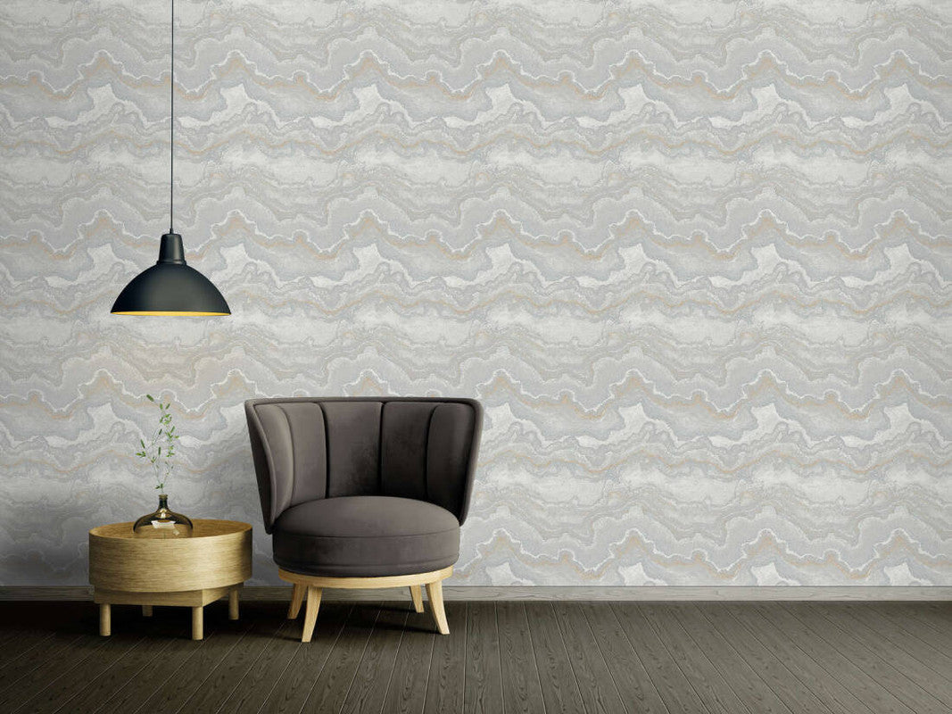 Marbled & Metallic Accents Wallpaper in Grey/Silver/Gold