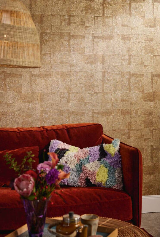 Tile Texture Metallic Effect Wallpaper in Gold