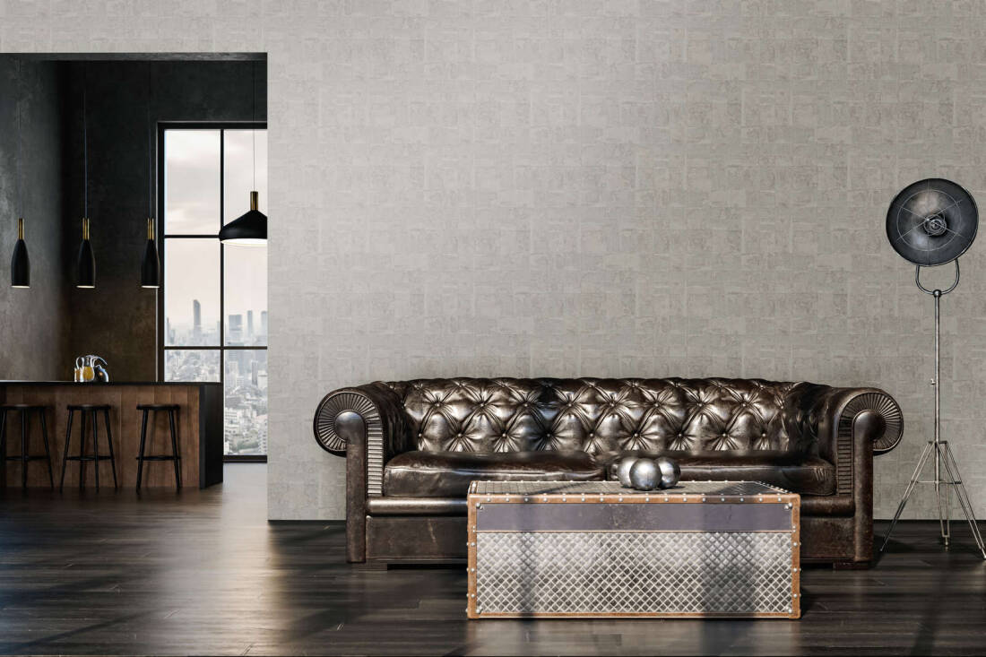 Tile Texture Metallic Effect Wallpaper in Cream/Grey/Silver