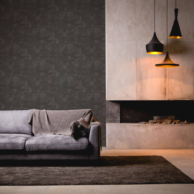 Tile Texture Metallic Effect Wallpaper in Black/Grey/Silver