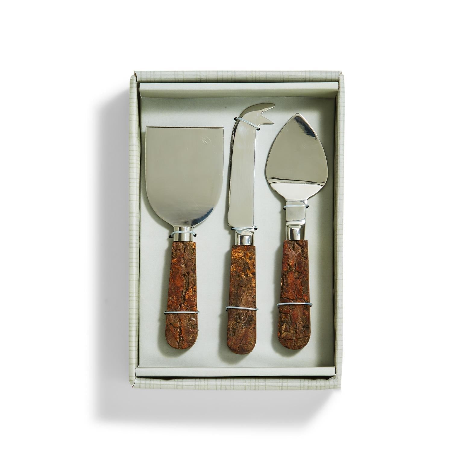 rustic charm bark handle cheese knives set of 3 1