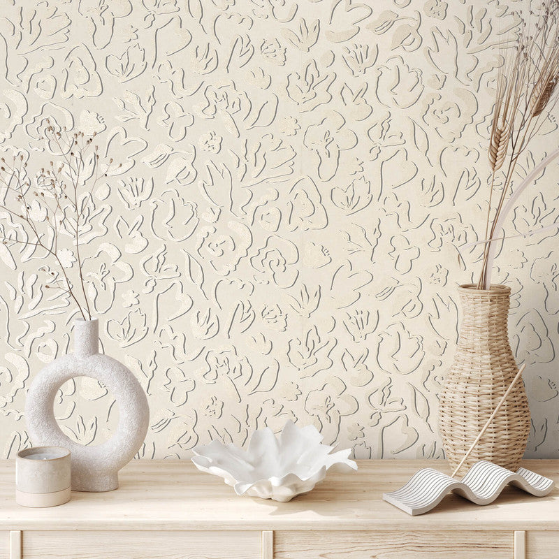 Fiore Operatic Flowers Wallpaper in Sesame
