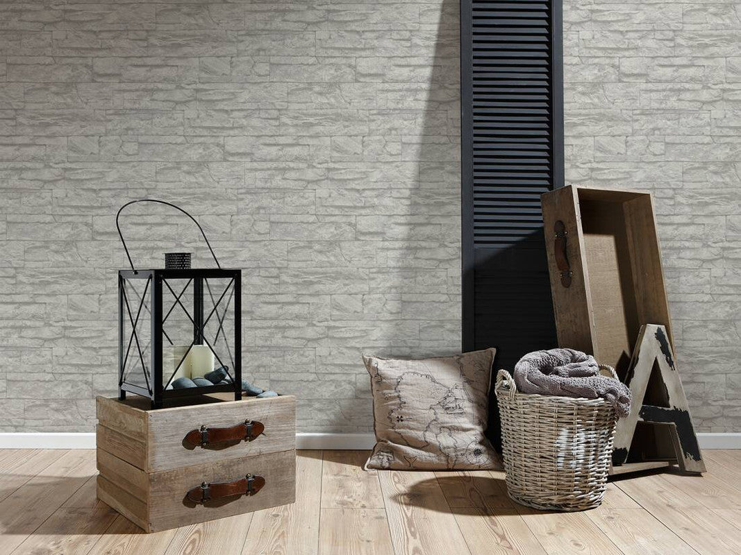 Flat Stone Wallpaper in Grey/White