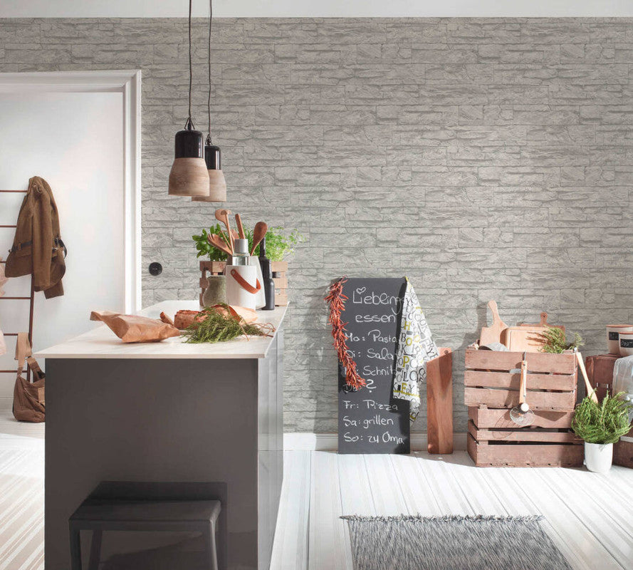 Flat Stone Wallpaper in Grey/White