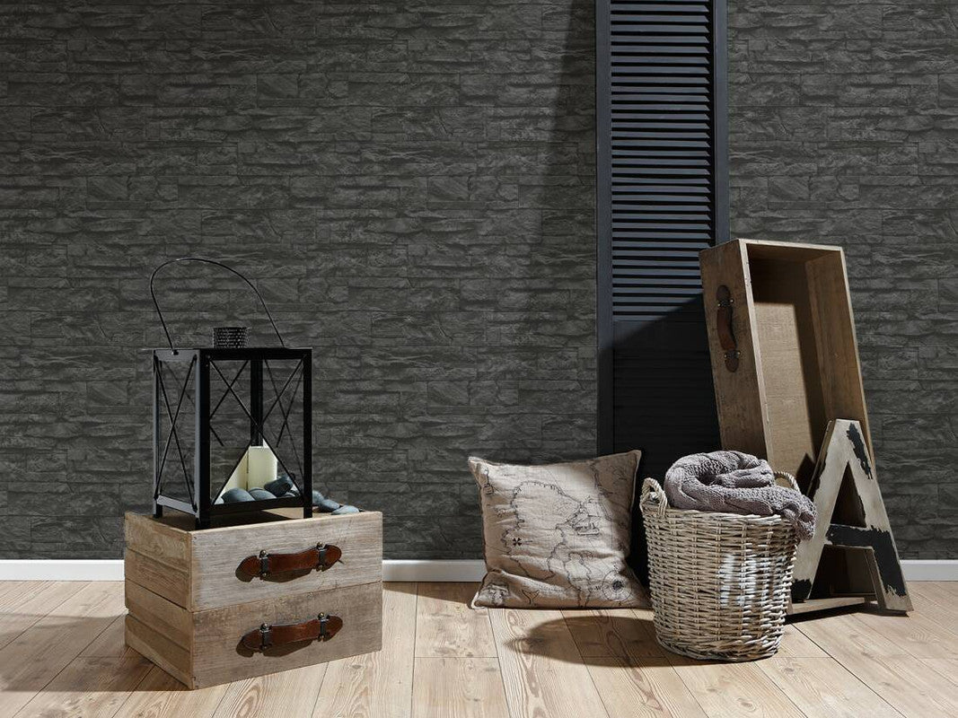 Flat Stone Wallpaper in Black/Grey