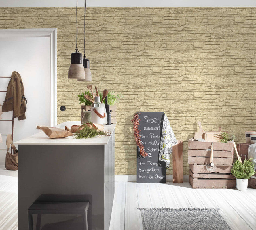 Flat Stone Wallpaper in Cream/Beige