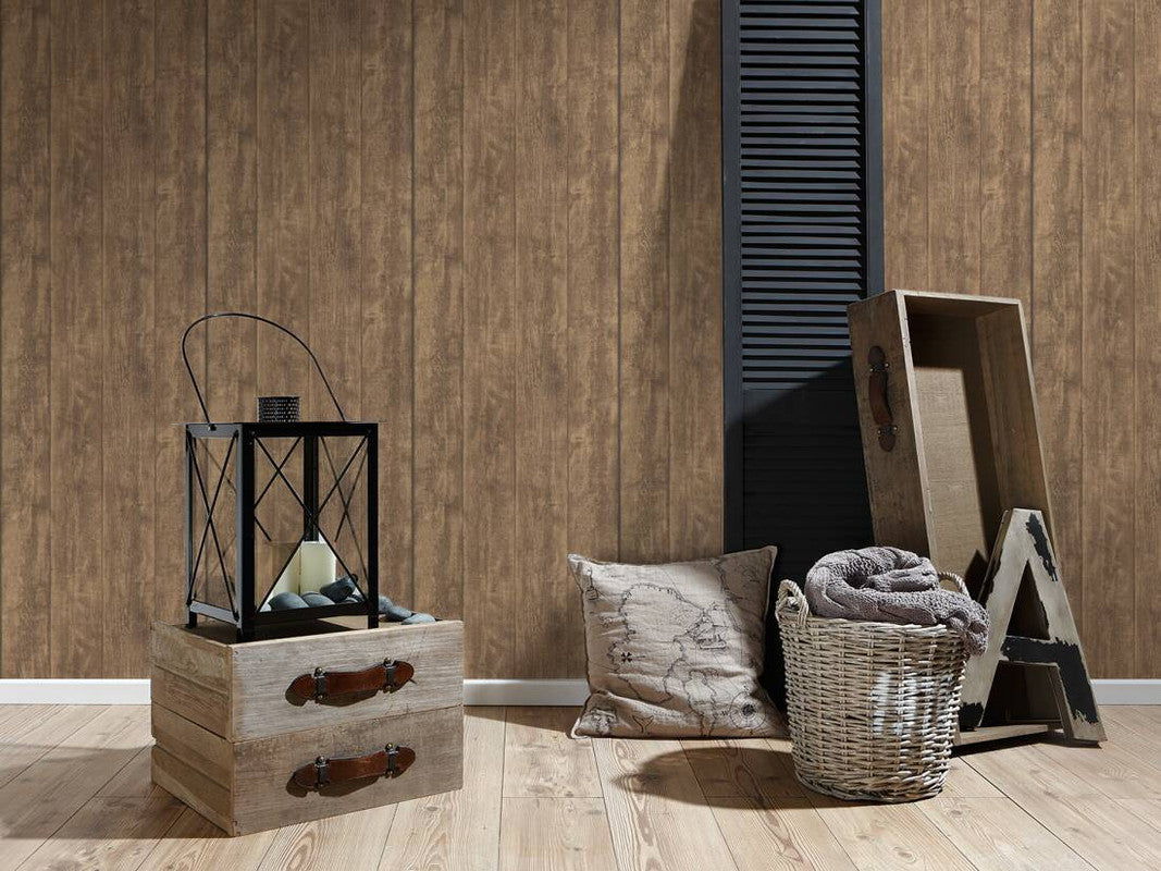 Cottage Wood Panels Wallpaper in Brown
