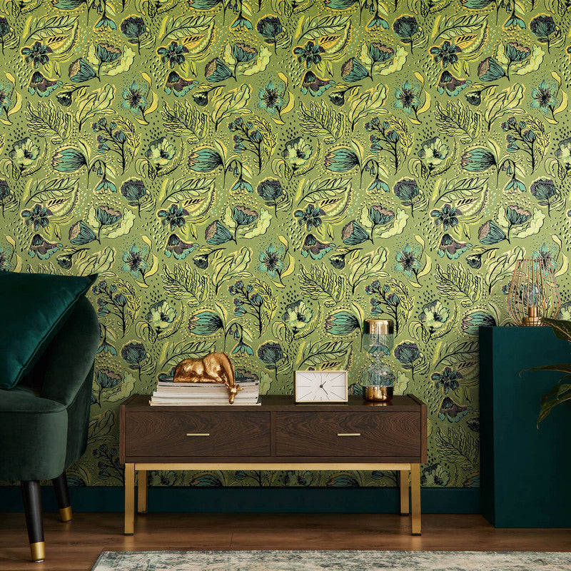 Felice Wild Garden Wallpaper in Green Pepper