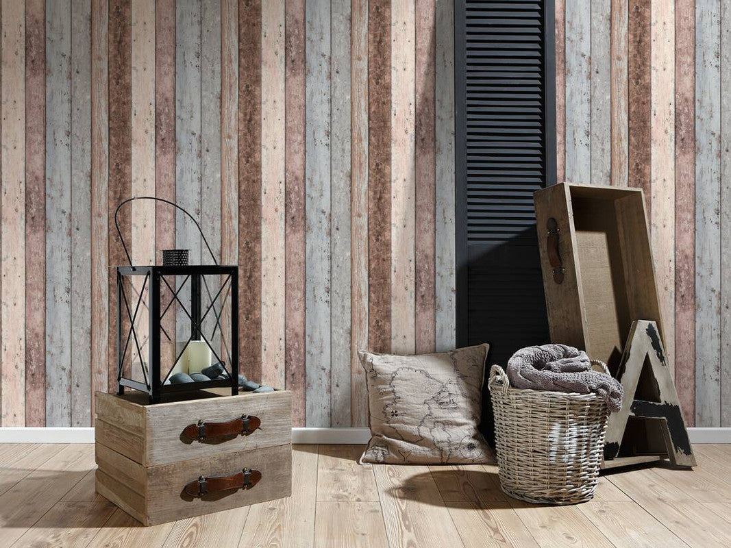 Cottage Wood Planks Wallpaper in Beige/Blue/Brown