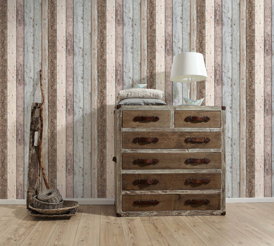 Cottage Wood Planks Wallpaper in Beige/Blue/Brown