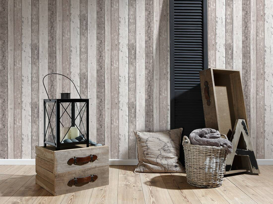 Cottage Wood Planks Wallpaper in Brown/Cream