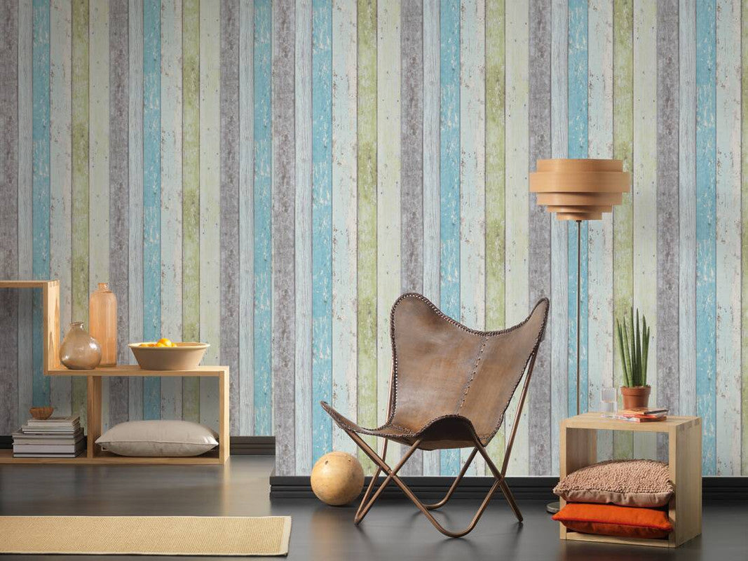 Cottage Wood Planks Wallpaper in Blue/Green/White