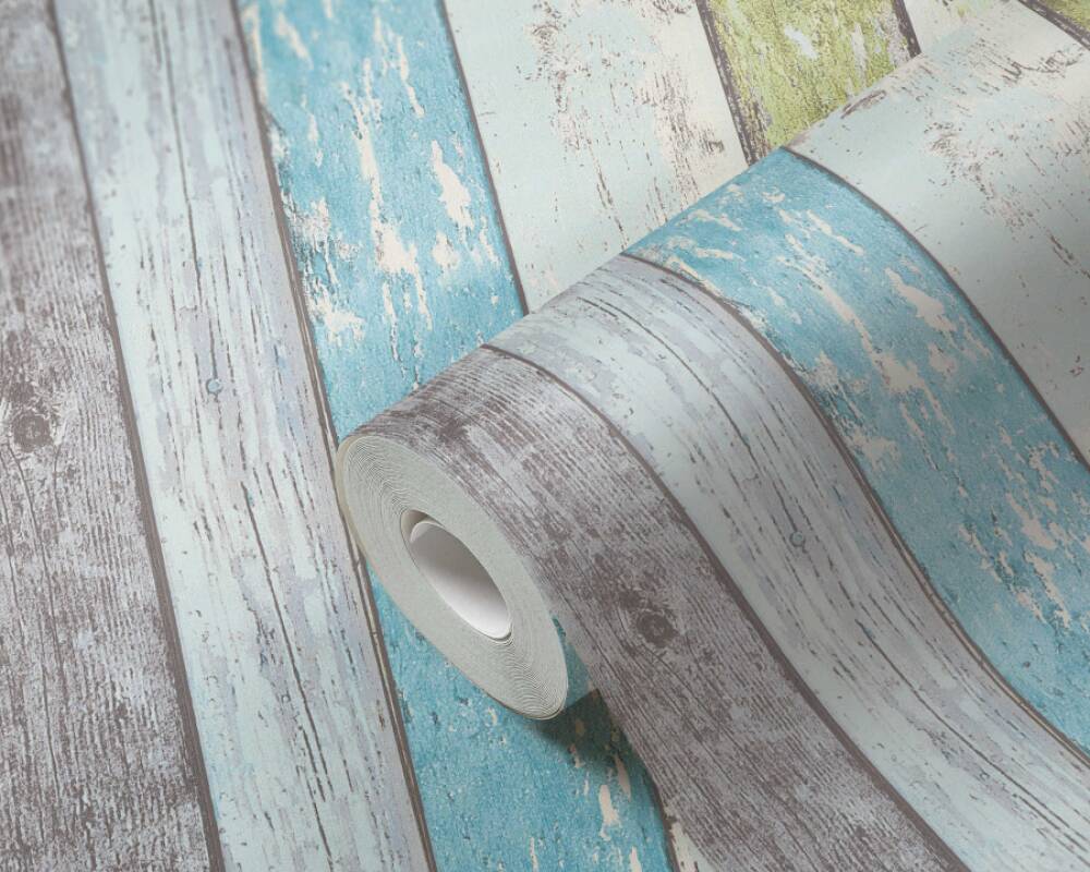 Cottage Wood Planks Wallpaper in Blue/Green/White