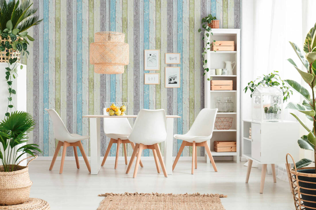 Cottage Wood Planks Wallpaper in Blue/Green/White