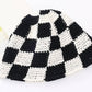 Hand Knit Checkered Crochet Bucket Hat in black