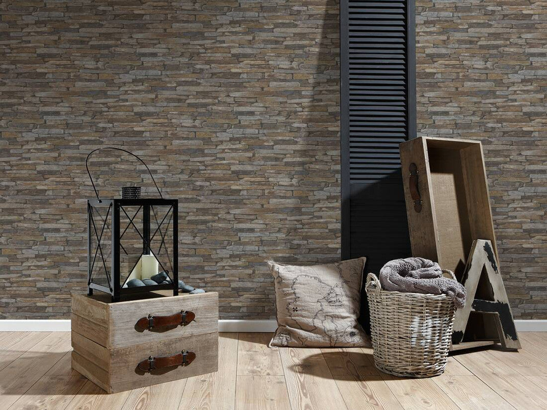 Flat Stone Wallpaper in Beige/Brown/Yellow