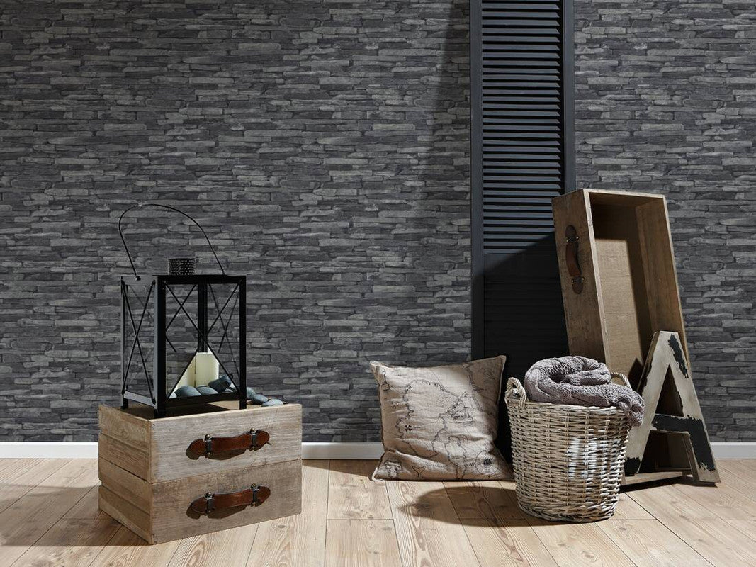 Flat Stone Wallpaper in Dark Grey