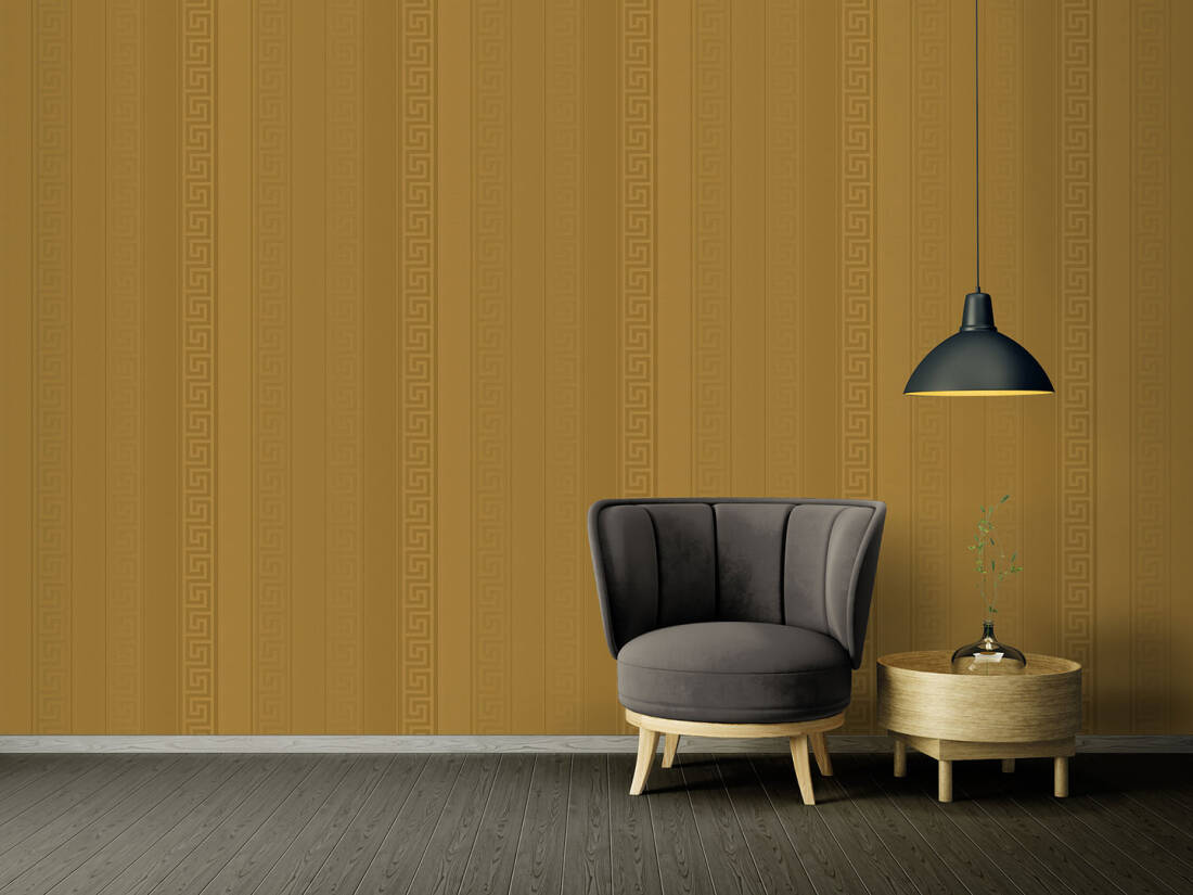Geometric Stripes Textured Wallpaper in Gold from the Versace V Collection