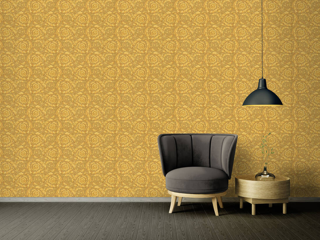 Floral Swirl Textured Wallpaper in Gold from the Versace IV Collection