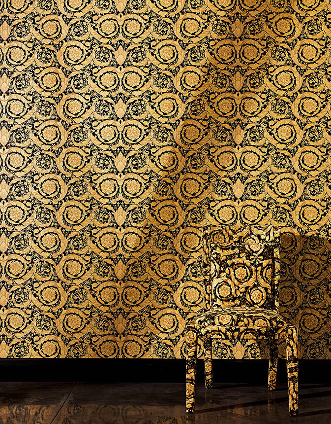 Floral Swirl Textured Wallpaper in Black/Gold from the Versace IV Collection