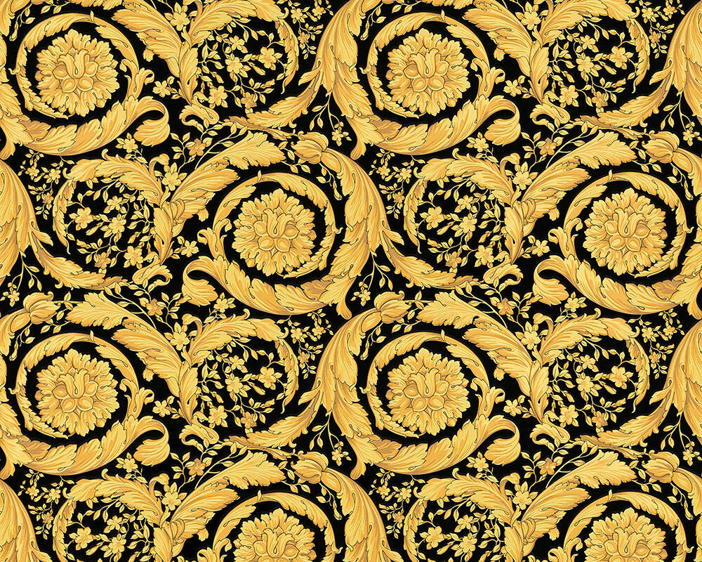 Floral Swirl Textured Wallpaper in Black/Gold from the Versace IV Collection