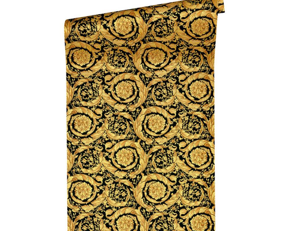 Floral Swirl Textured Wallpaper in Black/Gold from the Versace IV Collection