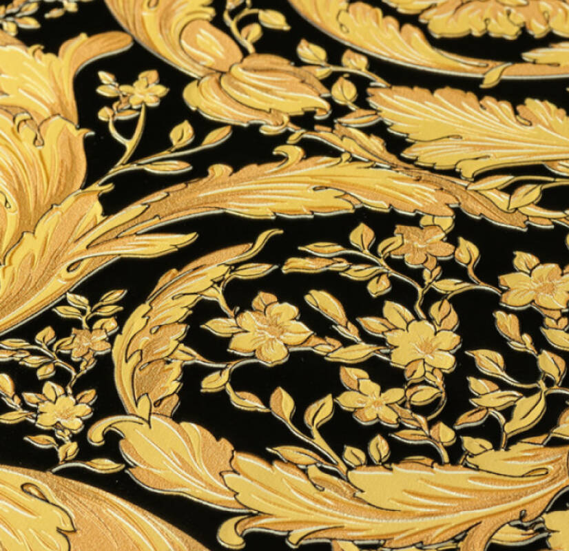 Floral Swirl Textured Wallpaper in Black/Gold from the Versace IV Collection