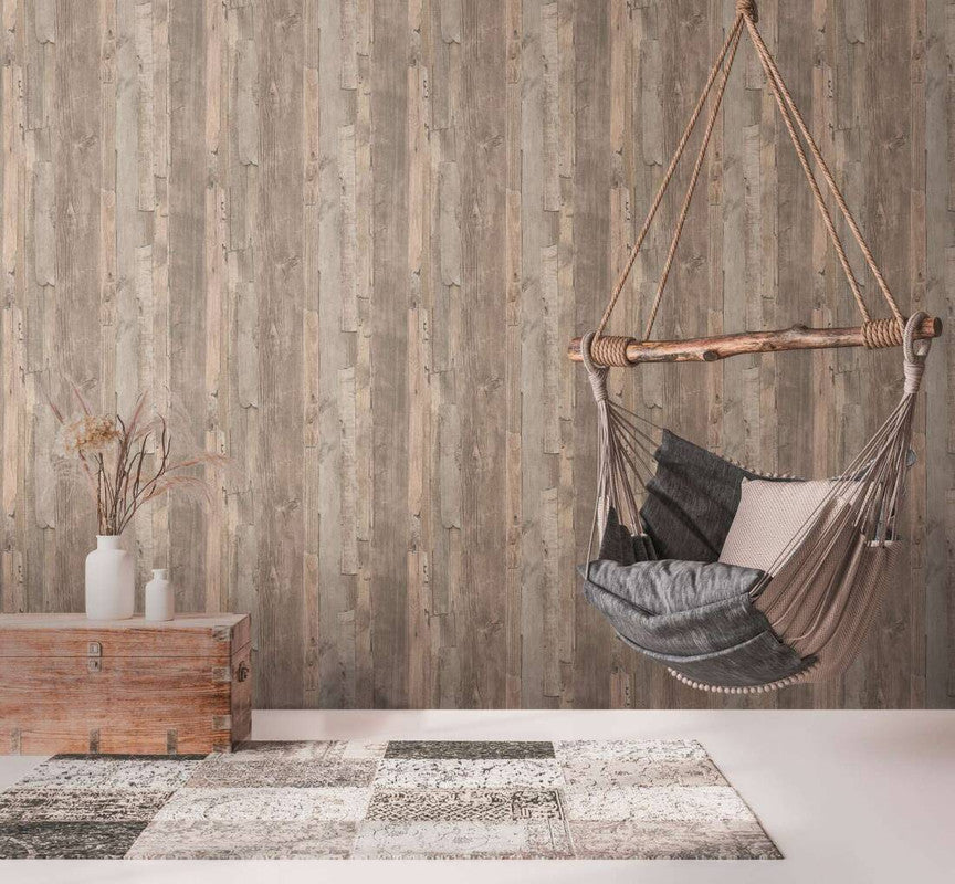 Cottage Wood Wallpaper in Beige/Brown