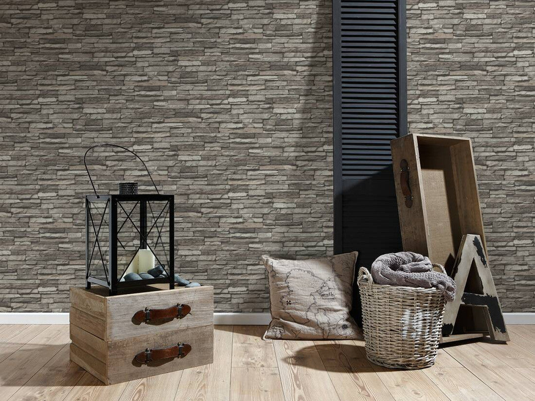 Flat Stone Wallpaper in Black/Cream/Grey